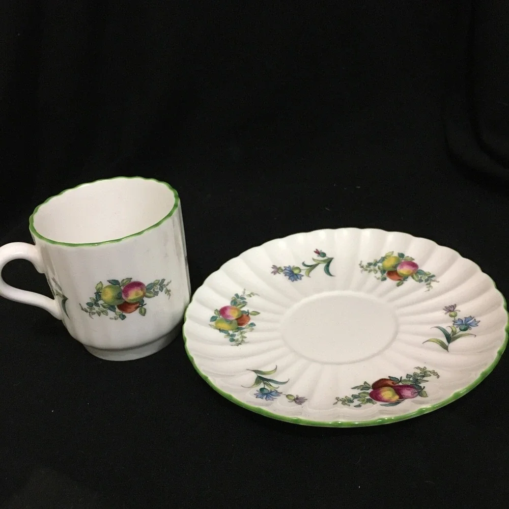 Spode Miniature Cup and Saucer, Fruit Scallop Design with Green Border